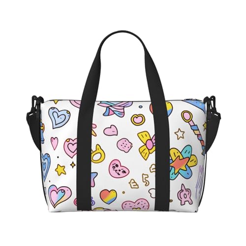Rainbow Heart Travel Duffel Bag Cute Sketch Star Carry On Tote Bag for Women Large Shoulder Weekender Overnight Bag Sports Gym Bag2