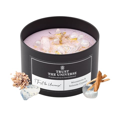 Trust the Universe Crystal Candle 8oz Soy Wax with Moonstone & Selenite Crystals Frankincense & Sandalwood Aromatherapy for Meditation Manifestation & Spiritual Gifts for Women and Men