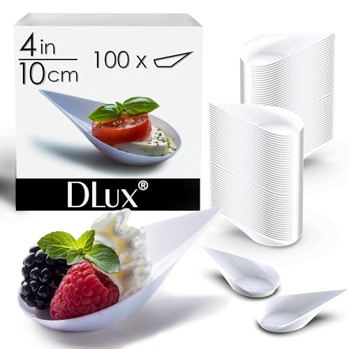 DLux 100 4-in Tear Drop Mini Appetizer Plates, Reusable White Plastic Spoons - Desserts and Appetizers Dishes Serving Plate - Asian Spoon Set, Small Catering Dessert Tasting Cups - with Recipe Ebook