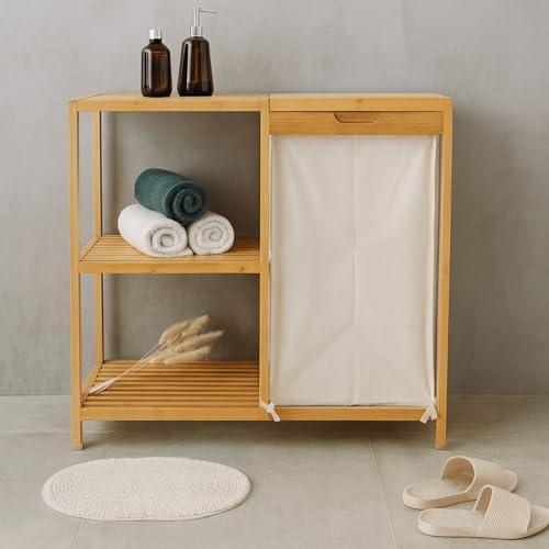 Çamaşır Sepeti, Bambu 3 Raflı Kirli | Kapaklı & Kumaş Torbalı Doğal Ahşap Banyo Düzenleyici