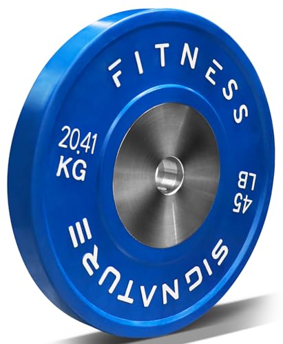 Signature Fitness Fitvids 2" Olympic Competition Bumper Plate with Steel Hub for Strength Training and Powerlifting - Minimal Bounce – 45LBS Single – 45-Pound, Single – Blue