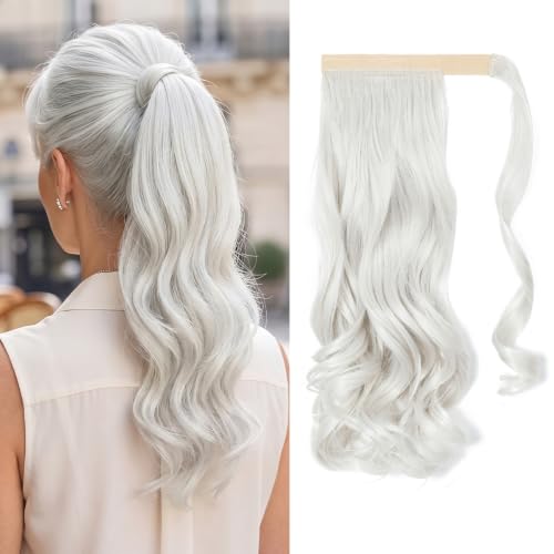 CJL HAIR 18" Long Ponytail Hair Extension Wrap Around Pony Tail Clip in Curly Wavy Synthetic Fake Hairpiece for Women White