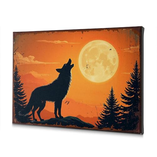 Décoration murale loup et lune en toile 40x60cm pour salon