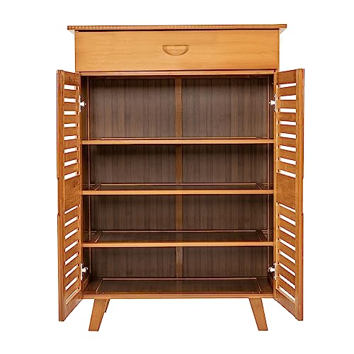 LUNUMAOS Bamboo Shoe Rack 4-Tier Brown Retro Simple Style Shoe Shelf Book Case Shoecase Bookcase Storage Cabinet with Drawer for Home Living Room Bedroom