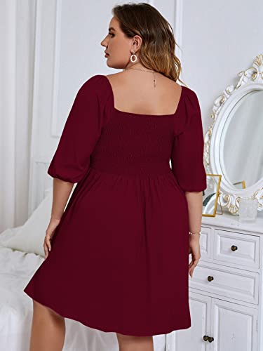Wdirara Women's Plus Size Puff Sleeve Square Neck Shirred High Waist Ruffle Hem A Line Short Dress Burgundy 2Xl #TOP1