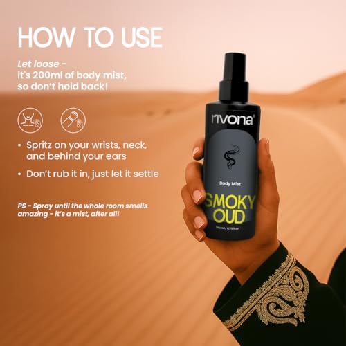 Image of Rivona Smoky Oud Body Mist | Woody & Bold Long Lasting Body Spray for Men & Women | Patchouli, Cinnamon & Incense | Unisex Statement Fragrance | 200ml