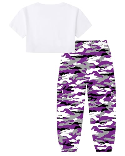 Image of Betusline Girls 2 Piece Set, White Cute Short Sleeve Crop Tops + Purple Gray Camo Cargo Jogger Pants Clothes, 13-14Y = Tag 170