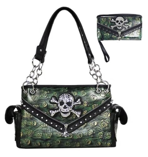 Texas West Rhinestone Skull Metal Color Leather Women's Handbag with Matching Wallet