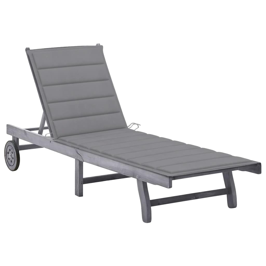 Ogrodowy leżak z poduszką szary lite drewno akacjowe regulowane oparcie z kółkami do ogrodu patio basenu wytrzymały 200x59/63x30/62/76/85 cm