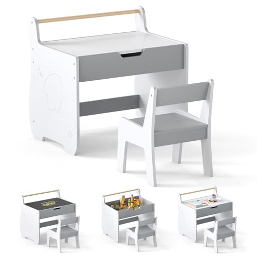 RELAX4LIFE Set Tavolo e Sedia 2 in 1 per Bambini, Scrivania in Legno con Piano Bifacciale Rimovibile, Ampio Spazio...