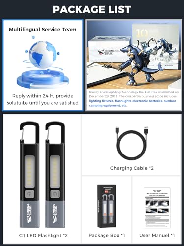 Image of Smiling Shark G1 Flashlight, 2 Pack Small Bright LED Rechargeable Flashlights High Lumens with Side Light & Hook & Zoomable Brightest Handheld Waterproof Flash Light for Emergencies /Camping, Black