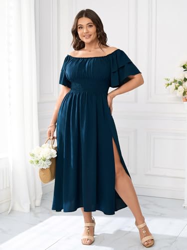 Plus Size Maxi Dress Off The Shoulder Ruffle Smocked Wedding Guest Cocktail Slit Hem Flowy Dresses for Curvy Women2