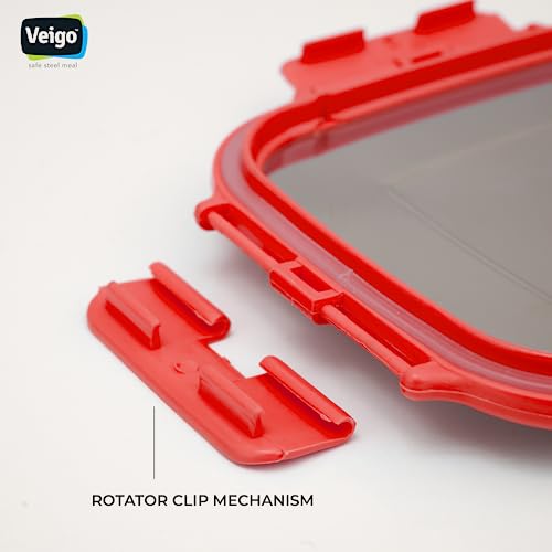Image of Veigo Original Set Pack of 3 Stainless Steel Airtight & Leakproof Medium Lunch Box with Silicon Ring & Polymer Frame for Re-Heating|Safe Lid Lock|Square (330ML) Red