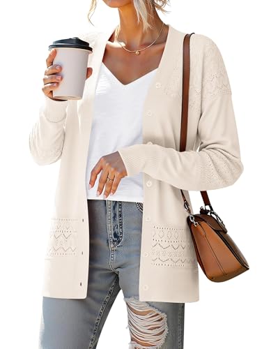 Yommay Chaqueta de punto para mujer Elegante y holgada con cuello en V de manga larga para mujer Otoño Prenda clásica de punto, beige, L