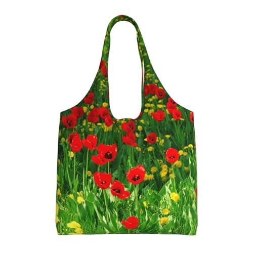 Sac fourre-tout réutilisable en toile pour femme Motif champ de coquelicots rouges