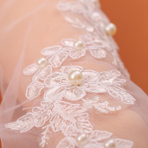 CASDRE Fingerless Long Lace Wedding Gloves White Tulle Bridal Arm Sleeves Pearl Floral Elbow Length Tea Party Gloves for Women and Girls4