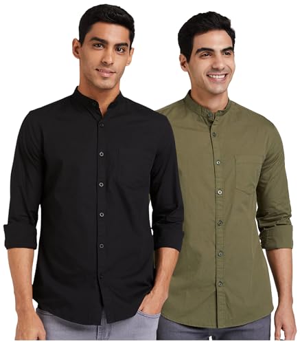 Image of Amazon Brand - Symbol Men's Cotton Shirt | Chinese Collar | Casual | Plain | Full Sleeve | Summer - Regular Fit (Available in Plus Size) (Black + Olive L) (Combo Pack of 2)