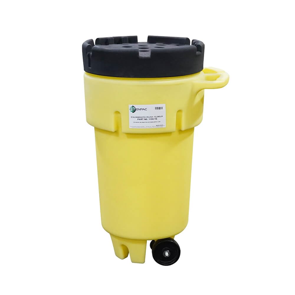 ENPAC Poly SpillPack Wheeled Drum, 50-Gallon, Yellow Base with Black Slip-Top Lid, for Spill Response, Storage, Disposal of Containers up to 20-Gallons