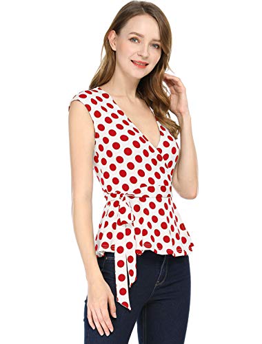 Allegra K Women's Summer Sleeveless Elegant V Neck Self Tie Front Polka Dots Wrap Top Medium White Red #TOP1