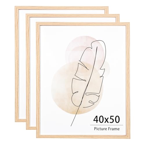 KAIWIN 40X50 Picture Frame Oak Set of 3 Wooden Poster Frame 40x50 Picture Frames for Wall Mounting Display for Home Office Gallery Holiday with Photos Posters Puzzles