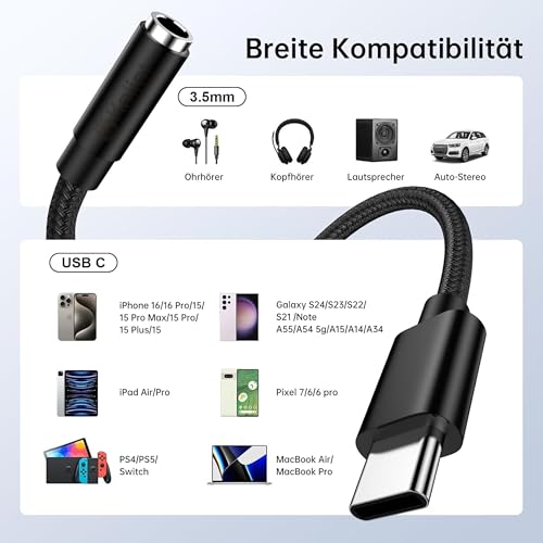 Image of USB C to 3.5mm Audio Jack Adapter with DAC Chip | Type-C to AUX Headphone Converter for iPhone 15 Pro Max /15 Pro /15 Plus, Samsung S23 /S22 /S21, iPad & USB-C Smartphones | Wired Earphone Adapter Black