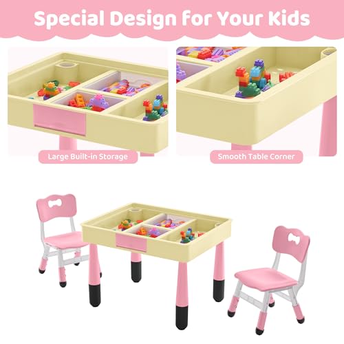 4-in-1-Kids-Table-and-2-Chairs-Set-with-Storage-Toddler-Table-and-Chair-Set-for-Kids-Ages-3-10-Graffiti-Building-Blocks-Double-Sided-Tabletop-Pink-2-Chairs 4 in 1 Kids Table and 2 Chairs Set with Storage Toddler Table and Chair Set for Kids Ages 3 10 Graffiti Building Blocks Double Sided Tabletop Pink 2 Chairs