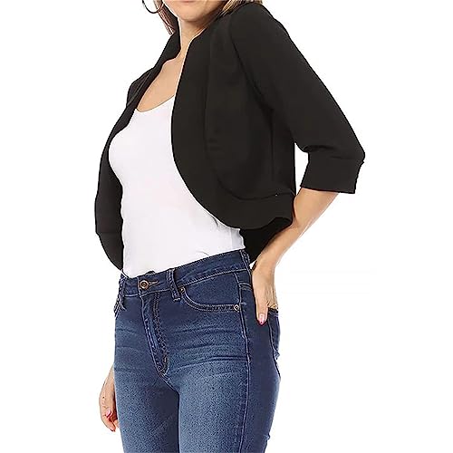 Cropped Blazers for Women Open Front Office Work Business Casual Blazer Suit Jackets 3/4 Sleeve Short Shrugs Cardigans2