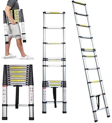 Aluminium Telescopic Ladder 8.5Ft 2.6M Telescoping Folding Ladder 9 Step Extendable Ladder Multipurpose for RV Home Loft Office DIY, 330lbs Load Capacity, EN131 Certified