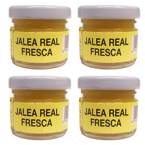 120 gramos de jalea real fresca, producida en España de forma natural, una jalea pura en 4 botes de cristal de 30 gramos con 4 cucharas