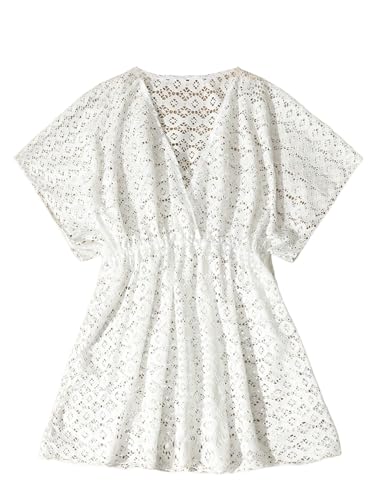 WDIRARA Girl's Sheer Hollow Out V Neck Cover Up Short Sleeve Beach Dress Coverups
