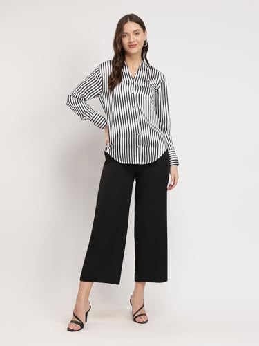 Image of FableStreet Women Formal Shirt | Relaxed Fit V-Neck Polka Dot Pattern with Pleated Detailing | Satin Fabric for Business Casual