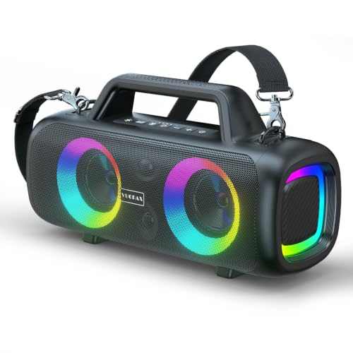 VUOPAX Altavoz Bluetooth Portátil 140W Potente con 2 Subwoofers y 2 Tweeters, IP65 Impermeable, 24h de Autonomía, Luces RGB, para Fiestas, Playa, Jardín - Conexiones AUX/USB/TF
