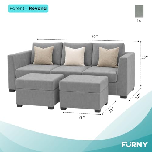 Image of FURNY Revona 5 Seater L Shape Sofa Set with 2 Movable Ottoman | Flexible Left or Right Layout | Plush Velvet Fabric (Light Grey) | Perfect for Living Room, Guest Room & Office