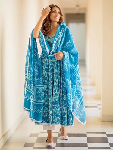 Tee Projekt Women's Cotton Blend Floral Printed Anarkali Kurta Pant With Dupatta Set Ll Round Neck Ll Blue Kurta Set