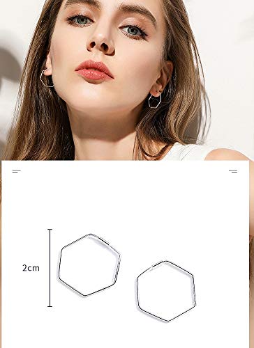 Hexagon Square Minimalist Geometric Chic 925 Sterling Silver Hoop Earrings for Women Girls Fashion Dainty Huggie Rectangle Hoops 20mm Unique Jewelry Hypoallergenic Gifts Bff Birthday Valentines Day4