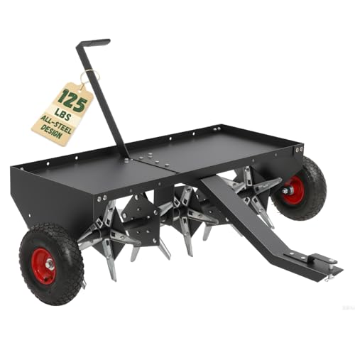 Doniks 48-Inch Tow Behind Lawn Plug Aerator with Universal Hitch, Lawn Aerator Tow Behind with 30 Galvanised Steel Tines,Tray and Inflatable Wheels for Gardens, Lawns, Farms