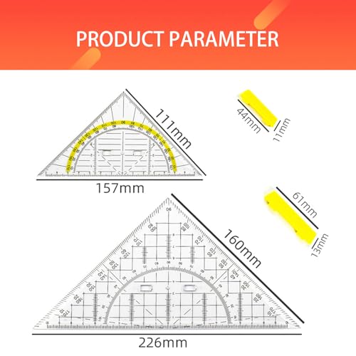 2 Stück Geodreieck mit Griff, 16cm + 22cm Geometrie Set, Ideal zum Zeichnen Kartografieren Modellieren, Transparent Geo Dreieck für Büro Studenten Designer