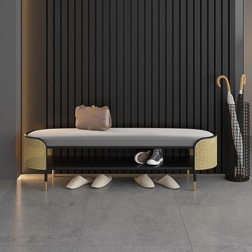 Banco zapatero con asiento acolchado para entrada, almacenamiento compacto de hierro, muebles elegantes para el hogar, 100 cm de longitud, diseño estético de alta calidad