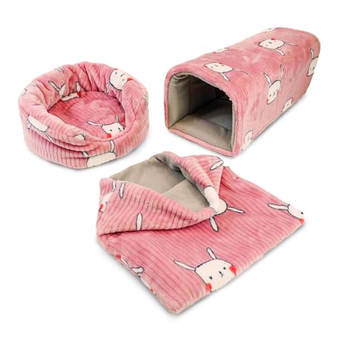 GuineaDad Guinea Pig Hideout & Tunnel Set Plush Enrichment Toys and Accessories for Guinea Pigs Soft Small Animal Hideaway Tunnel and Hiding Hut Indoor Play for Cage or Enclosure (Pink)