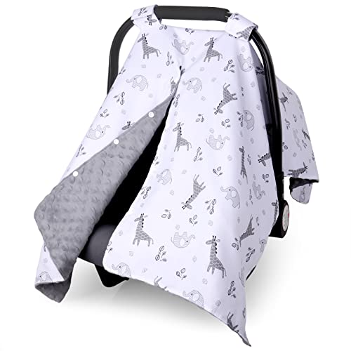 Image of Metplus 2 in 1 Baby Car Seat Cover Winter, Car Seat Canopy for Babies, Mom Nursing Cover, Minky Baby Carrier Covers, Newborn Boy Girl Shower Gift, Elephant Giraffe
