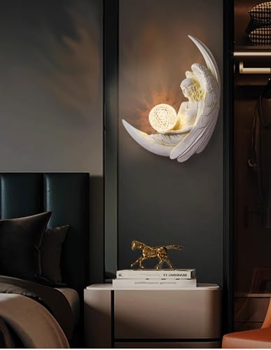 FLRXHK Post-Modern Angel Wall Lamp, Decorative LED Sconce with Crystal Orb, White