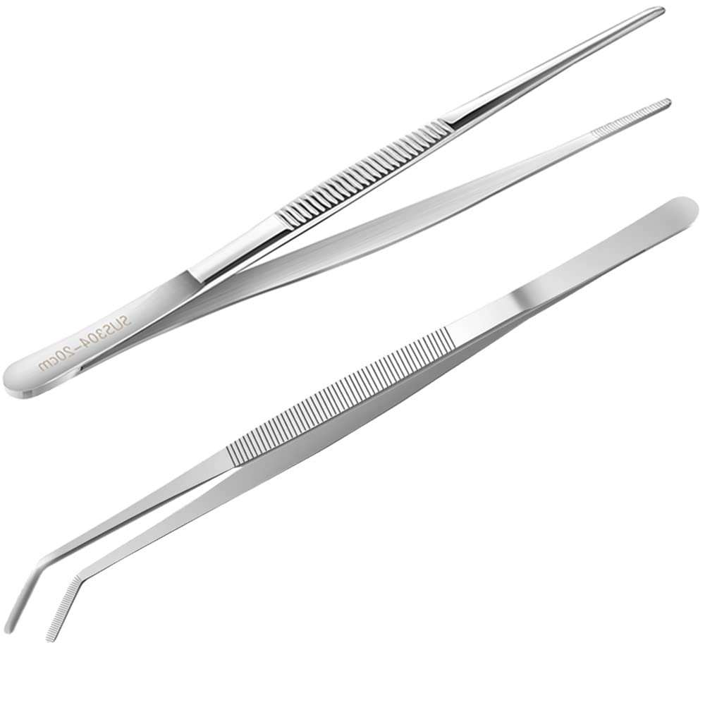 2Pcs Stainless Steel Tweezers for Kitchen, Cooking, Industrial Work, Laboratory Use, Gardening (8inch/20cm)