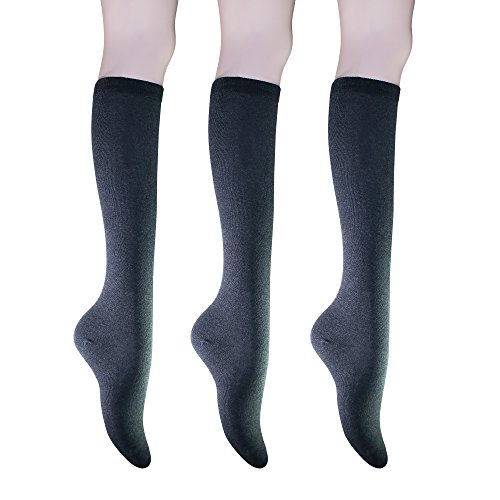KONY Womens Cotton Knee High Socks - Casual Solid & Triple Stripe Colors Fashion Socks 3 Pairs (Womens Shoe Size 5-10) (Charcoal - 3 Pairs)