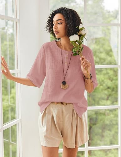 Cnlinkco Womens Cotton Tops Loose Fit Summer Linen Shirt Solid Short Sleeve Boho Clothes