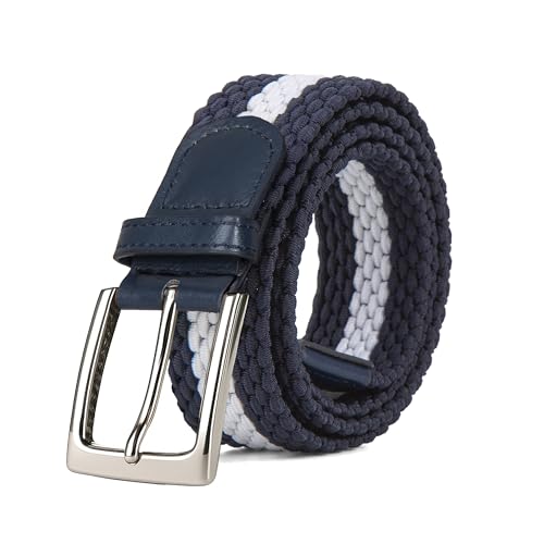 Woodland Leathers Elastic Braided Belt, Unisex Men Women Casual Stretch Woven Belt (Navy White, Medium-Large)