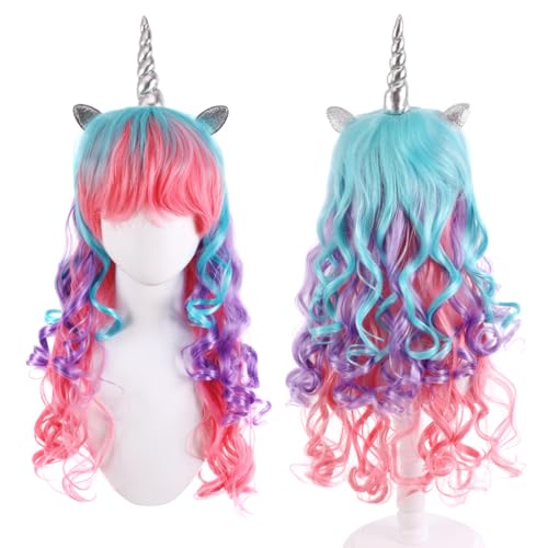Einhorn Perücke Damen mit Ohren und Horn, Perücke Damen Karneval, Einhorn Lange Lockige Perücke, Bunte Perücke, Regenbogen Perücke, Einhorn...