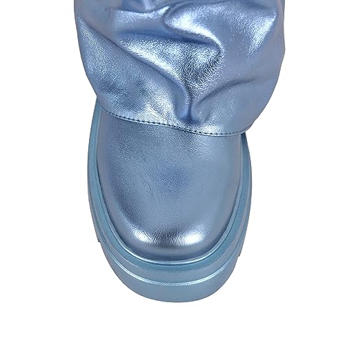 Image of LISHAN Women's Platform Heel Metallic Fold Over Pull on Shark Ruched Boots