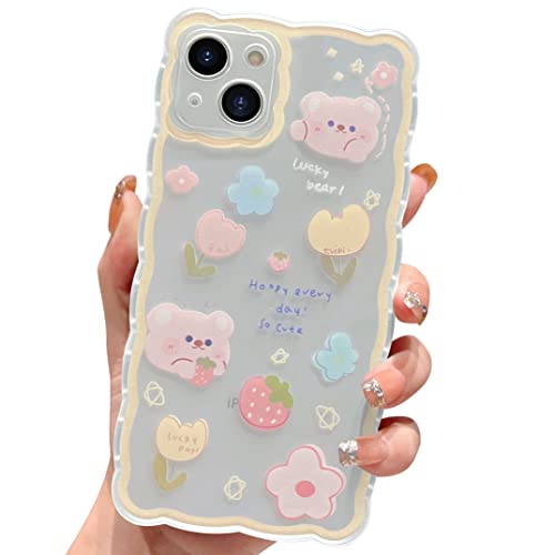 ECZOIL Funda de Compatible con iPhone 13 Cute Flores Oso Aesthetic Funda Protectora de Cámara Lindo Patrón Niñas Kawaii Suave TPU Transparente Phone Case para iPhone 13-Amarillo