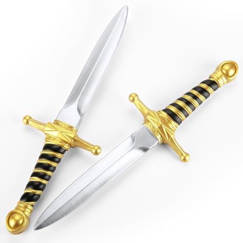 15" Fake Foam Swords Martial Arts Weapons, Realistic Dagger Knife Toy for Kids Boys, Foam Short Sword Prop for Play Fighting and Assassins Costume Accessory (2 Pcs Gold)