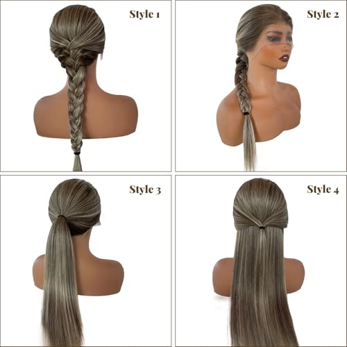 Image of Long Straight Highlight Lace Front Wig Human Hair 180% Density 13X6 Ombre Ash Brown Mixed 613 Blonde with Dark Brown Roots Lace Front Wigs Human Hair for White Women Pre Plucked Hairline 32 Inch